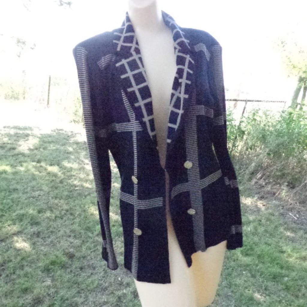 Misook Black Plaid Blazer Jacket Sz L Gold Buttons